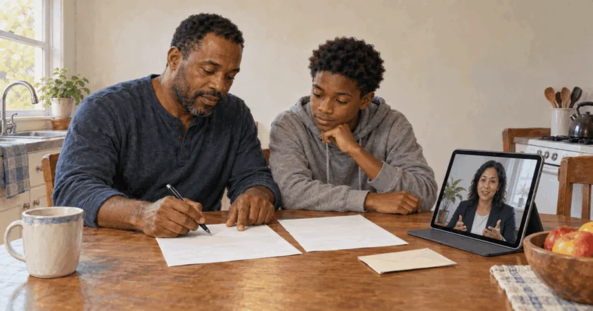 A parent and benefits navigator review income records for child coverage.