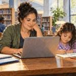 Painted illustration of a parent beginning a child health coverage application at a library.