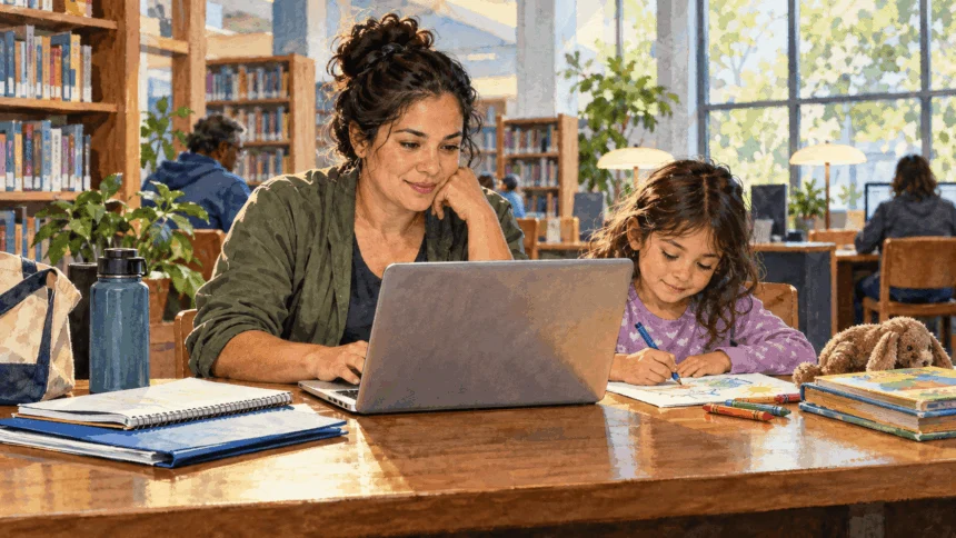 Painted illustration of a parent beginning a child health coverage application at a library.