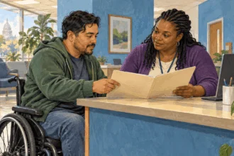 Conceptual painting of a wheelchair user reviewing a benefits folder with a counselor.