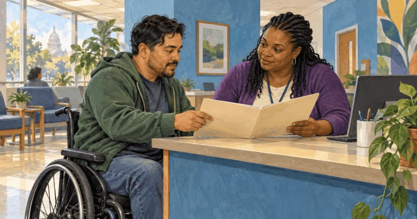Conceptual painting of a wheelchair user reviewing a benefits folder with a counselor.