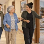 Conceptual watercolor painting of an older adult touring a modest long-term-care facility with family and staff.