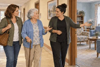 Conceptual watercolor painting of an older adult touring a modest long-term-care facility with family and staff.