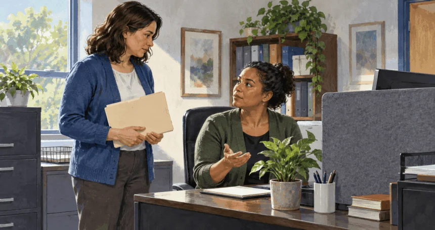 Conceptual painting of school staff considering a closed student records folder.