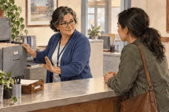 Conceptual painting of a parent asking a school records worker about files at an administrative counter.