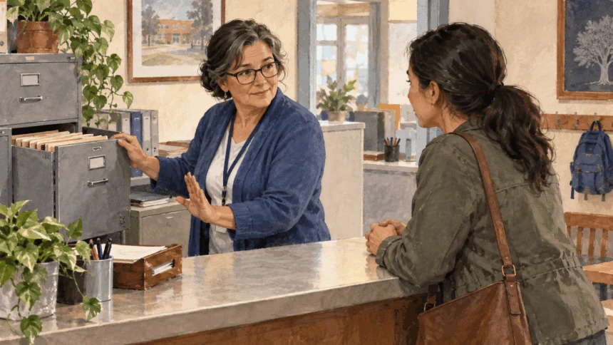 Conceptual painting of a parent asking a school records worker about files at an administrative counter.