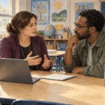 Painted illustration of a teacher and parent discussing online learning privacy.