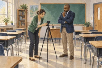 Painted illustration of school staff reviewing a classroom recording setup.