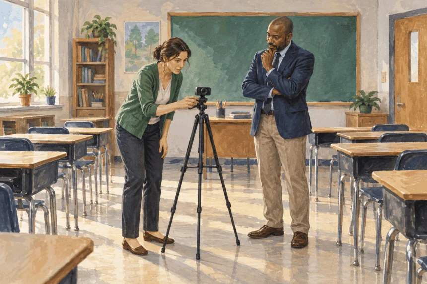 Painted illustration of school staff reviewing a classroom recording setup.