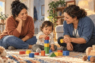 Painted illustration of a toddler stacking blocks with a parent and early intervention specialist.
