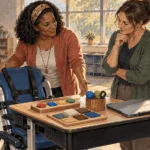 Conceptual watercolor of teachers examining accessible classroom tools.
