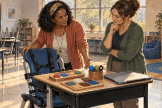 Conceptual watercolor of teachers examining accessible classroom tools.