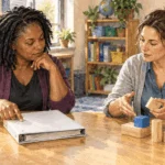 Conceptual watercolor of special-education providers examining a blank binder and learning blocks.