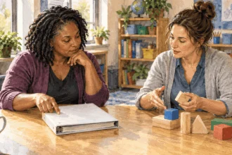 Conceptual watercolor of special-education providers examining a blank binder and learning blocks.