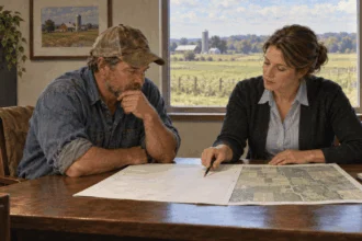 A farmer and loan officer review a farm plan in a county office.