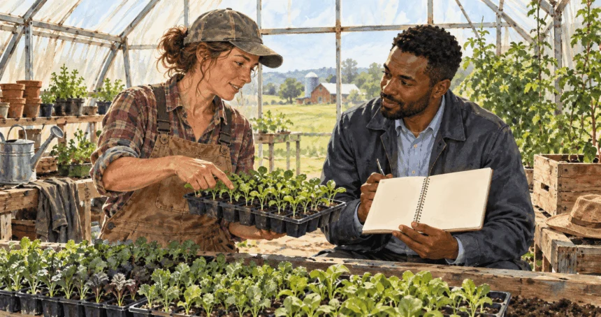 Conceptual painting of a small farmer discussing a microloan plan in a greenhouse.