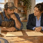 Conceptual painting of a farmer comparing farm loan options with an adviser.