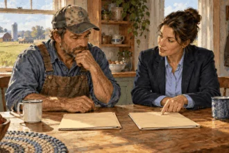 Conceptual painting of a farmer comparing farm loan options with an adviser.