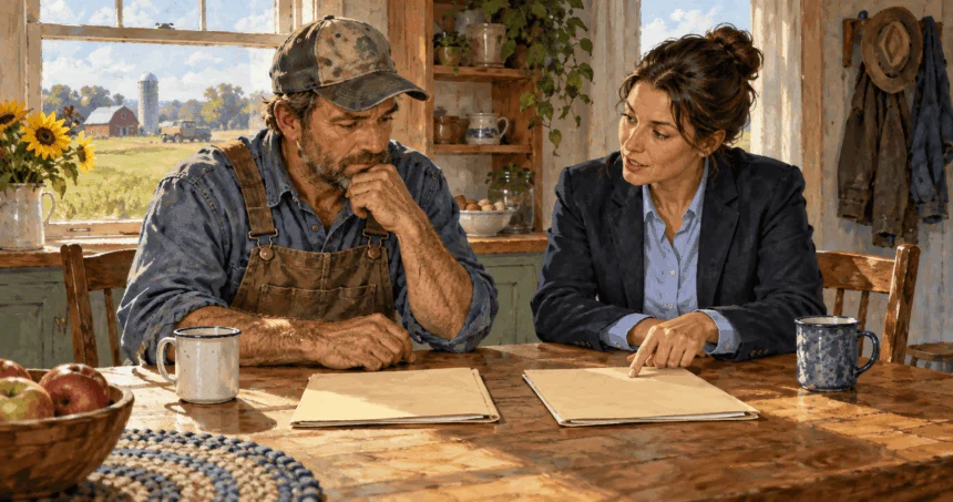 Conceptual painting of a farmer comparing farm loan options with an adviser.