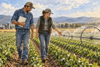 Painted illustration of a farmer and adviser inspecting a field.