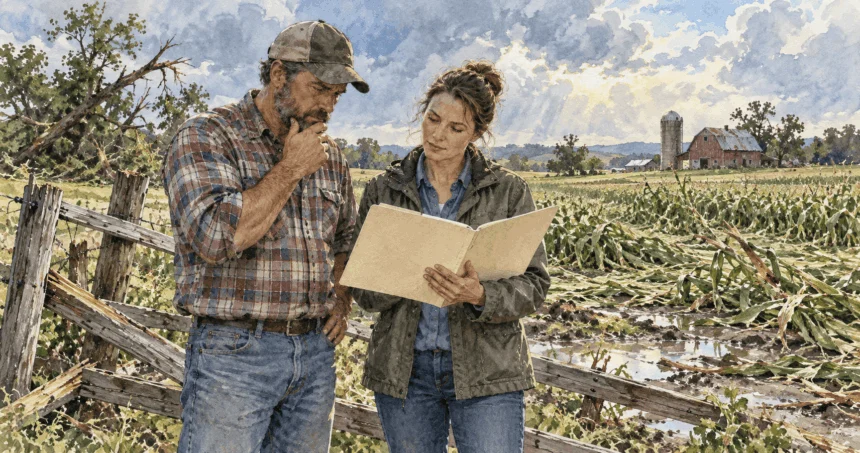Conceptual painting of a farmer discussing disaster assistance after storm damage.