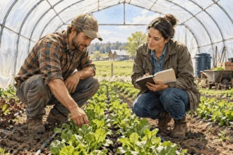 Conceptual watercolor painting of grower and adviser inspect a crop high tunnel.