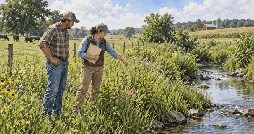 Conceptual painting of a landowner and adviser inspecting established streambank vegetation on working land.