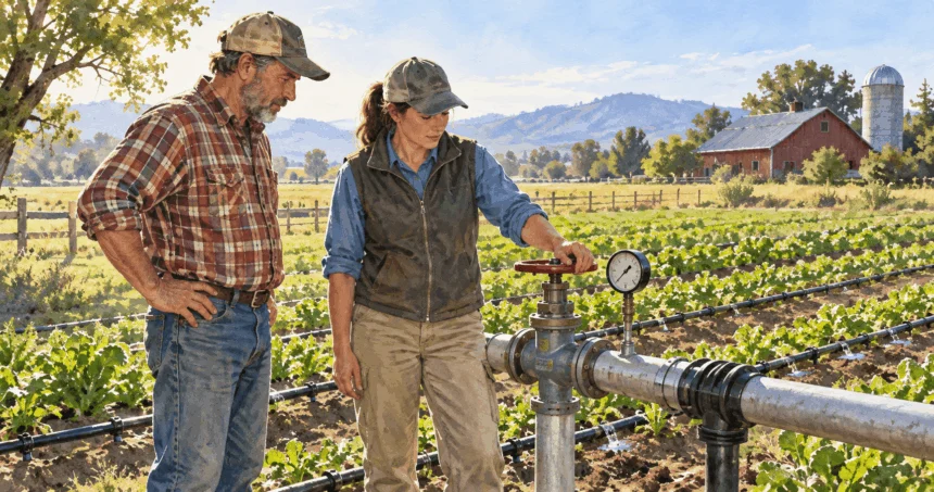 Conceptual watercolor of a farmer and technician checking an irrigation valve and drip lines.