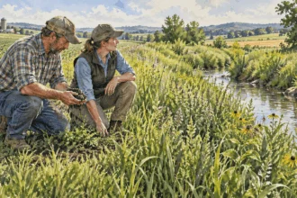 Conceptual painting of a farmer and conservation adviser inspect soil near a planted stream buffer.