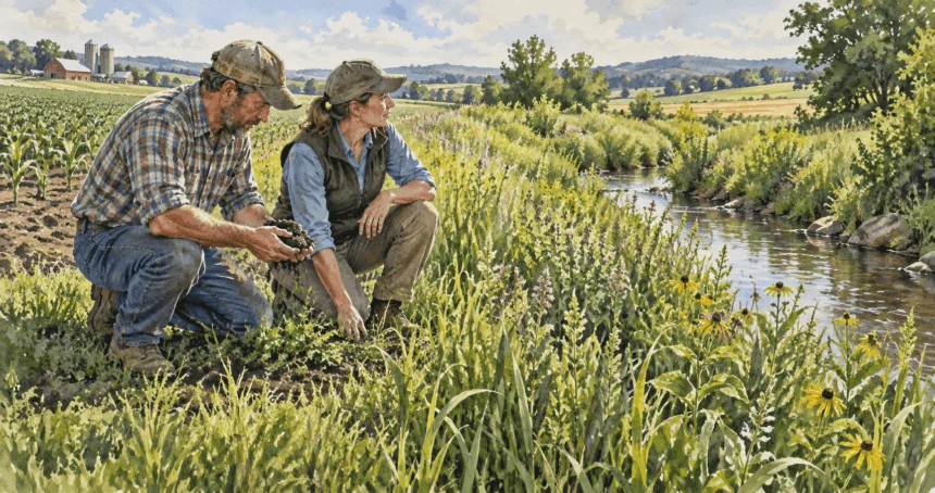 Conceptual painting of a farmer and conservation adviser inspect soil near a planted stream buffer.