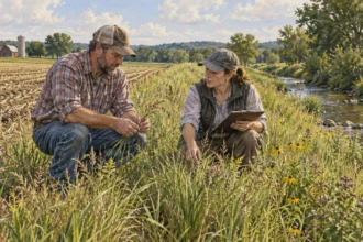 A landowner and conservation specialist inspect native grass beside a stream.