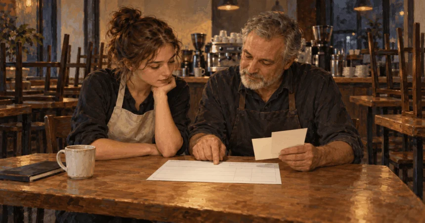 A café worker and owner review pay information after closing.