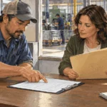 Conceptual painting of an employee and payroll specialist reviewing a blank time record.