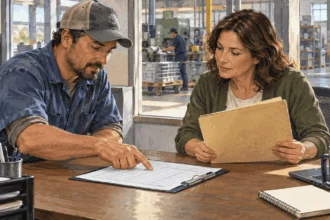 Conceptual painting of an employee and payroll specialist reviewing a blank time record.