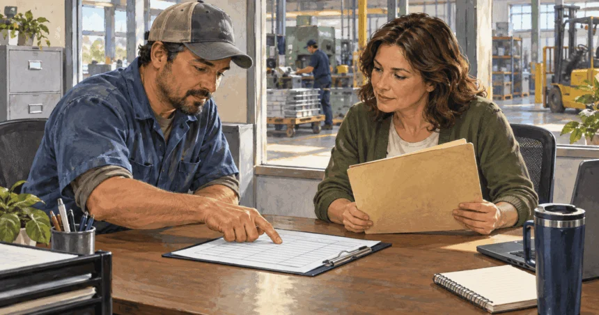 Conceptual painting of an employee and payroll specialist reviewing a blank time record.