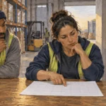 Painted illustration of a warehouse worker reviewing a schedule after a shift.