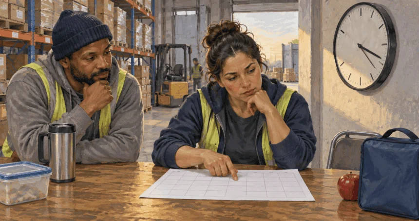 Painted illustration of a warehouse worker reviewing a schedule after a shift.