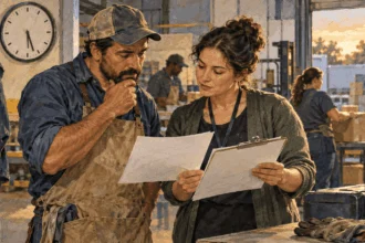 Painted illustration of a worker and colleague reviewing pay documents at a workplace.