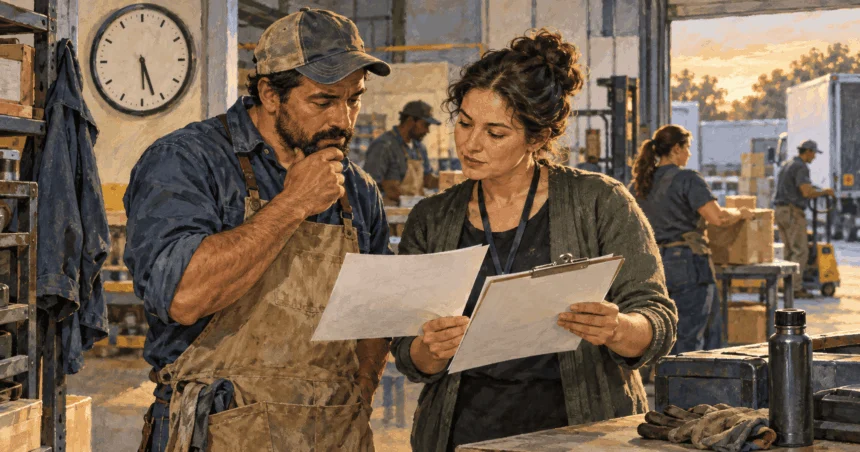 Painted illustration of a worker and colleague reviewing pay documents at a workplace.