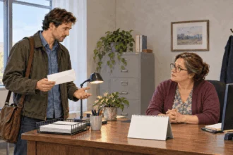 Conceptual painting of a departing worker discussing final pay with a payroll clerk.