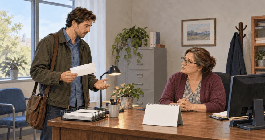 Conceptual painting of a departing worker discussing final pay with a payroll clerk.