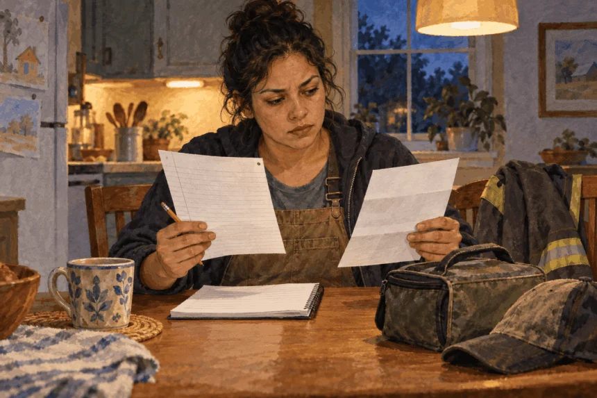 Painted illustration of a worker comparing pay paperwork with a time log.
