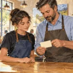 Conceptual painting of a young worker reviewing a schedule with a cafe manager.