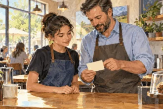 Conceptual painting of a young worker reviewing a schedule with a cafe manager.