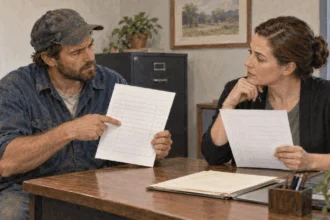 A worker asks a payroll representative about a paycheck deduction.