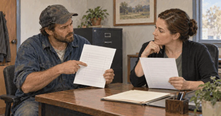 A worker asks a payroll representative about a paycheck deduction.