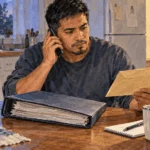 Painted illustration of a worker reviewing pay records while making a phone call.