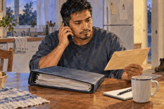 Painted illustration of a worker reviewing pay records while making a phone call.