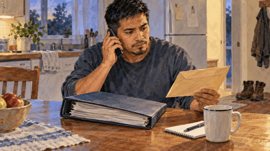 Painted illustration of a worker reviewing pay records while making a phone call.
