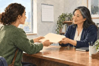 Conceptual painting of an employee handing a plain leave-request folder to a workplace staffer.